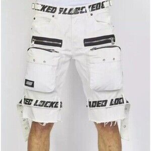 Locked and Loaded -28 Men Shorts Streetwear Skater White Logo Pockets Retro NOTE